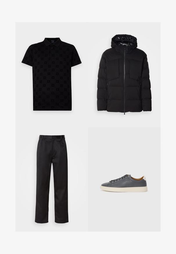Černá péřová bunda z hladkého nylonu, vybavená předním zipem, velkými náprsními kapsami a kapucí. Polstrovaná pro tepelnou izolaci a pohodlí.; Černé polo tričko vyrobené z měkké tkaniny, s texturovaným vzorem kruhových motivů a klasickým límcem se třemi knoflíky.; Černé kalhoty vyrobené z hladké tkaniny, se zapínáním na přední knoflík, sklady a rovnými nohavicemi. Bez viditelných vzorů nebo doplňků.; Šedé kožené tenisky s kulatou špičkou, gumovou podrážkou, plochými tkaničkami a světlými akcenty na patě. Hladký povrch a minimalistický design.