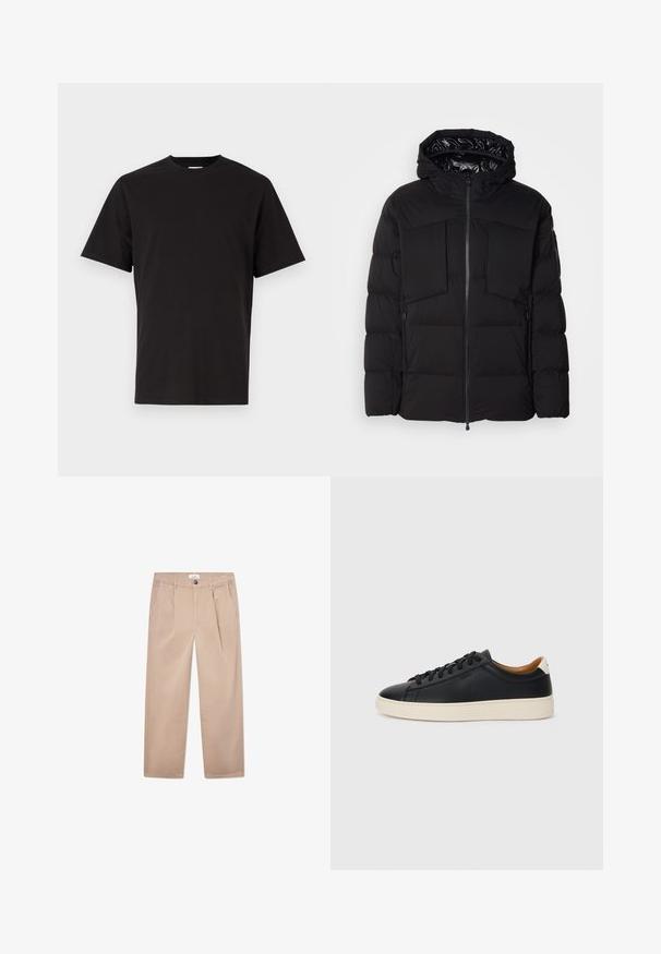 Černá péřová bunda z hladkého nylonu, vybavená předním zipem, velkými náprsními kapsami a kapucí. Polstrovaná pro tepelnou izolaci a pohodlí.; Černé bavlněné tričko s kulatým výstřihem, krátkými rukávy a decentním vyšívaným textem na hrudi. Hladká textura, standardní střih.; Khaki kalhoty vyrobené z bavlny s rovnými nohavicemi, obsahující dvě přední kapsy, zapínání na knoflík a klasický střih.; Černé kožené tenisky s hladkým povrchem, béžovou gumovou podešví, šněrovacím designem a kontrastním akcentem na patě.