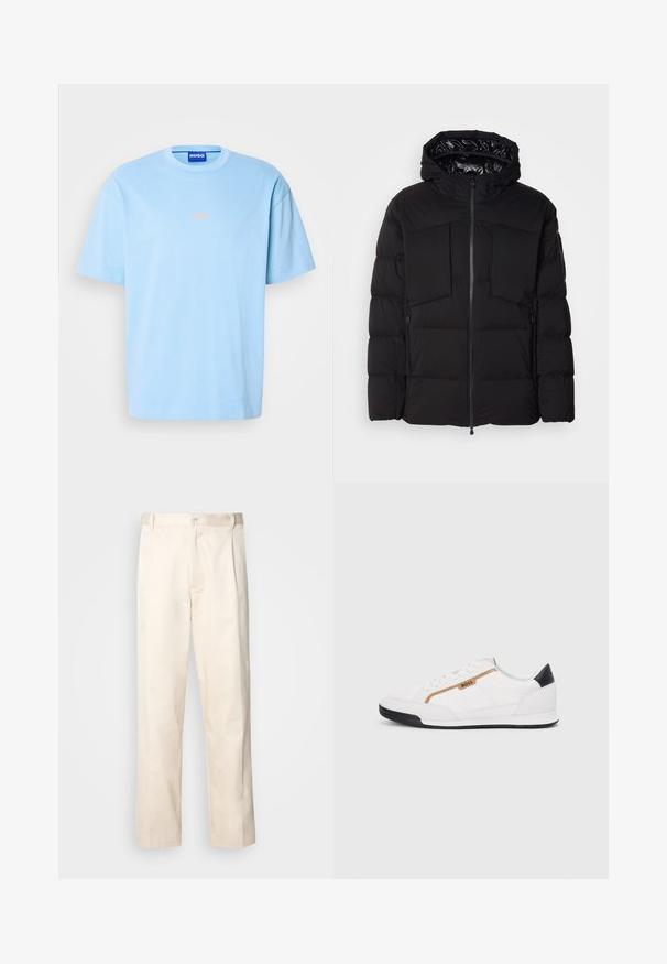 Černá péřová bunda z hladkého nylonu, vybavená předním zipem, velkými náprsními kapsami a kapucí. Polstrovaná pro tepelnou izolaci a pohodlí.; Svetle modré bavlněné tričko s kulatým výstřihem, krátkými rukávy a jemným logem "HUGO" v oranžové barvě uprostřed. Hladká textura, uvolněný střih.; Bežové bavlněné kalhoty se střihy rovného nohavice, s knoflíkovým zapínáním a záhyby vpředu pro zvýraznění detailu.; Bílé sportovní boty s akcenty z meshe a kůže. Mají zlaté logo "BOSS", texturované boční panely a černý podpatek. Gumová podrážka.