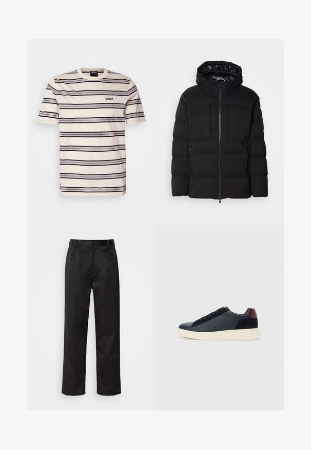 Must schwarz puffer jakk, mis on valmistatud siledast nailonist, ees on lukuga, suured rinna taskud ja kapuuts. Polsterdatud soojustamiseks ja mugavuseks.; Lühikeste käistega t-särk kreemjas puuvillases kangas, millel on tumesinised horisontaalsed triibud. Ees on väike broderitud logo ja regulaarne lõige.; Mustadest siledast kangast pükstest, millel on ees nupu sulgemine, voldid ja sirged sääred. Ei mingeid nähtavaid mustreid ega aktsente.; Madala stiilis meeste toss mustast nahast ja seemisnahast, marooni värvi kanna detailiga ja valge kummist tallaga, vaatega välisküljelt.