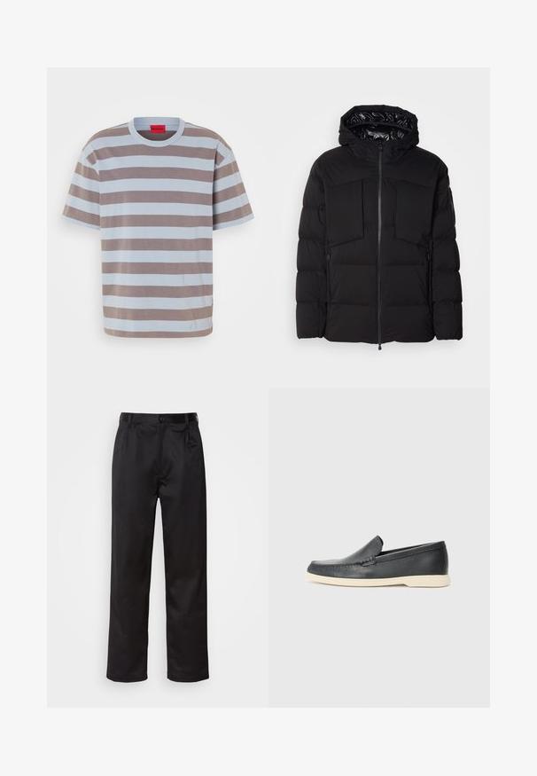 Chaqueta acolchada negra hecha de nailon suave, con cremallera frontal, grandes bolsillos en el pecho y capucha. Acolchada para aislamiento y comodidad.; Camiseta de rayas en azul claro y marrón, hecha de algodón. Presenta un cuello redondo y un pequeño logo grabado en el centro delantero.; Pantalones negros de tela suave, con cierre delantero de botón, pliegues y patas rectas. Sin patrones ni acentos visibles.; Mocasines de piel negra sin cordones con un acabado texturizado y una suela de goma beige en contraste. Presentan un sutil acento en la parte frontal.