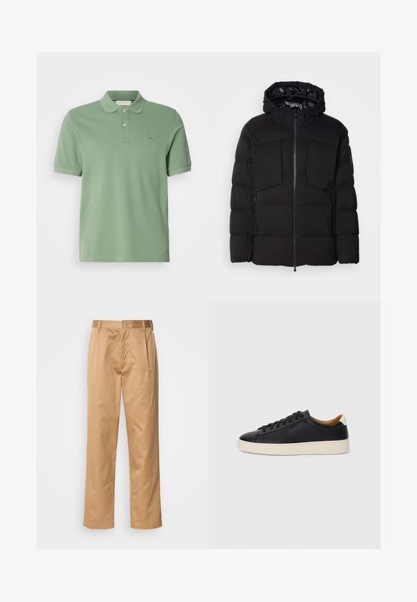 Czarna puchowa kurtka wykonana z gładkiego nylonu, z zapięciem na zamek błyskawiczny z przodu, dużymi kieszeniami na piersi i kapturem. Wypełniona dla lepszej izolacji i komfortu.; Zielona koszulka polo wykonana z bawełny. Posiada kołnierzyk z dwoma guzikami oraz niewielkie logo na piersi. Krótkie rękawy, standardowy krój.; Spodnie khaki, z mieszanki bawełny, prosty krój nogawki, fałdy z przodu, pętle na pasek i zapięcie na guzik. Gładka tekstura bez wzorów.; Czarne skórzane trampki o gładkiej fakturze, jasnobrązowa gumowa podeszwa, sznurowana konstrukcja i kontrastujący akcent na pięcie.