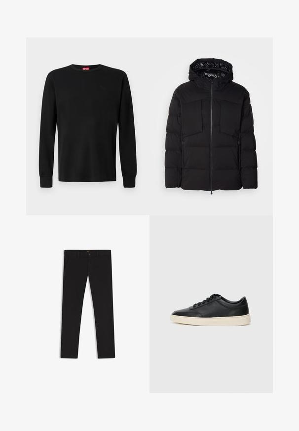Schwarze Steppjacke aus glattem Nylon, mit einem Frontreißverschluss, großen Brusttaschen und einer Kapuze. Gepolstert für Wärme und Komfort.; Schwarzes Langarm-T-Shirt aus weichem Stoff, mit einem runden Halsausschnitt und einem dezenten schwarzen Logo auf der Brust. Schlichtes Design, normale Passform.; Schwarze Hosen aus einem Stoff mit glatter текстуре. Verfügt über einen Knopfverschluss, Gürtelschlaufen und Seitentaschen. Klassisches Design mit geradem Bein.; Schwarzer niedriger Ledersneaker mit schwarzen Schnürsenkeln und cremefarbenem Sohlenrand, seitlich auf weißem Hintergrund dargestellt.