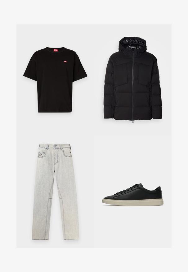 Fekete puffernadrág, sima nylonkiből készült, elülső cipzárral, nagy mellzsebekkel és kapucnival. Szigeteléssel és kényelemmel párnázott.; Fekete pamut póló, kerek nyakkal, rövid ujjakkal és egy kis piros Diesel logóval a mellkasán. Egyenes szegély, minimalista dizájn.; Világoskék egyenes szabású farmernadrág kontrasztos varrással, két elülső zsebbel és kopott hatású részletekkel a szöveten.; Fekete bőr sneaker texturált felülettel, bézs gumitalppal és fekete fűzőkkel, alacsony profilú és minimalista dizájnnal készült.