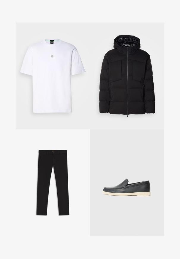 Giubbotto imbottito nero realizzato in nylon liscio, con zip frontale, grandi tasche sul petto e cappuccio. Imbottito per isolamento e comfort.; T-shirt bianco in cotone con maniche corte, caratterizzato da un piccolo logo grigio sul petto, colletto rotondo e una texture morbida e liscia.; Pantaloni neri realizzati in tessuto con una superficie liscia. Presentano una chiusura con bottone, passanti per cintura e tasche laterali. Design a gamba dritta standard.; Mocassini neri in pelle con finitura testurizzata e suola in gomma beige a contrasto. Presentano un accento sottile lungo la parte anteriore.