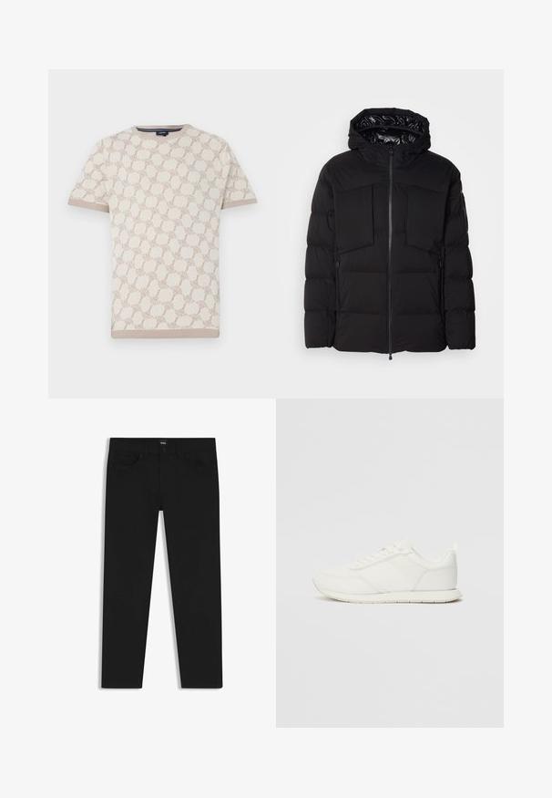 Black puffer jacket made of smooth nylon, featuring a front zipper, large chest pockets, and a hood. Padded for insulation and comfort.; Short-sleeved cream knit sweater with a tan abstract pattern. Ribbed crew neck and cuffs, featuring a smooth texture. Brand label visible.; Black denim trousers with a straight cut, featuring a standard waistband, five pockets, and a button closure. Smooth texture throughout.; White sneaker with a mesh and synthetic upper, round toe, flat laces, and a textured side stripe. Rubber sole with a pull tab at the back.