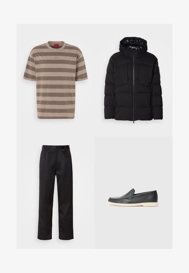 Černá péřová bunda z hladkého nylonu, vybavená předním zipem, velkými náprsními kapsami a kapucí. Polstrovaná pro tepelnou izolaci a pohodlí.; Hnědý a béžový pruhovaný tričko s kulatým výstřihem, krátkými rukávy a jemným logem na hrudi. Hladká bavlněná textura.; Černé kalhoty vyrobené z hladké tkaniny, se zapínáním na přední knoflík, sklady a rovnými nohavicemi. Bez viditelných vzorů nebo doplňků.; Černé kožené mokasíny na klínku s texturovaným povrchem a kontrastní béžovou gumovou podrážkou. Vyznačují se jemným akcentem podél přední části.
