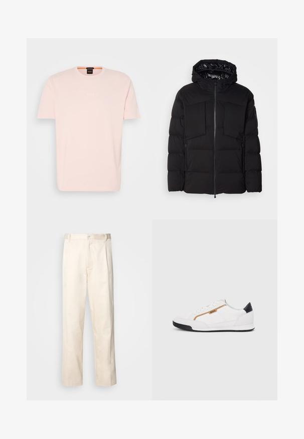 Black puffer jacket made of smooth nylon, featuring a front zipper, large chest pockets, and a hood. Padded for insulation and comfort.; Light pink cotton T-shirt with a crew neck, short sleeves, and a small white "BOSS" logo on the chest. Simple and smooth texture.; Beige cotton trousers with a straight-leg cut, featuring a button closure and pleats at the front for added detail.; White athletic shoes with mesh and leather accents. Features a gold "BOSS" logo, textured side panels, and a black heel cap. Rubber sole.