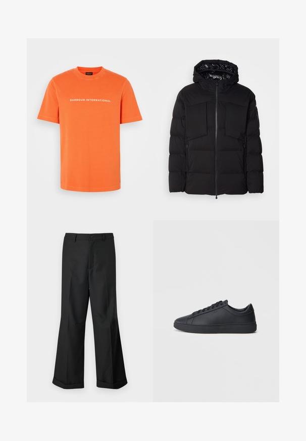 Černá péřová bunda z hladkého nylonu, vybavená předním zipem, velkými náprsními kapsami a kapucí. Polstrovaná pro tepelnou izolaci a pohodlí.; Oranžové bavlněné tričko s kulatým výstřihem a krátkým rukávem. Na hrudi se nachází bílý nápis "BARBOUR INTERNATIONAL".; Černé kalhoty s širokými nohavicemi, s páskem na knoflíky a zakončením nohavic do manžet, vystavené na čistém bílém pozadí.; Černé tenisky z hladké kůže s nízkým designem, kulatou špičkou a plochou gumovou podrážkou. Mají šněrování a nenápadné branding.
