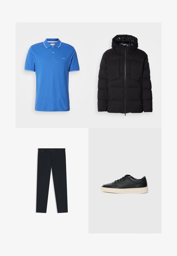 Svart pufferjacka i slät nylon, med framdragkedja, stora bröstfickor och huva. Vadderad för isolering och komfort.; Blå pikétröja i bomull med klassisk krage. Har vit kant på ärmarna, logotyp på bröstet och en knappslå.; Herrens mörkblå byxor i lättviktsmaterial. Har knappstängning, bälteshällor och två sidofickor. Rakt ben-design.; Svart låg skor i läder med svarta snören och off-white sula, visas i sidoprofil på vit bakgrund.