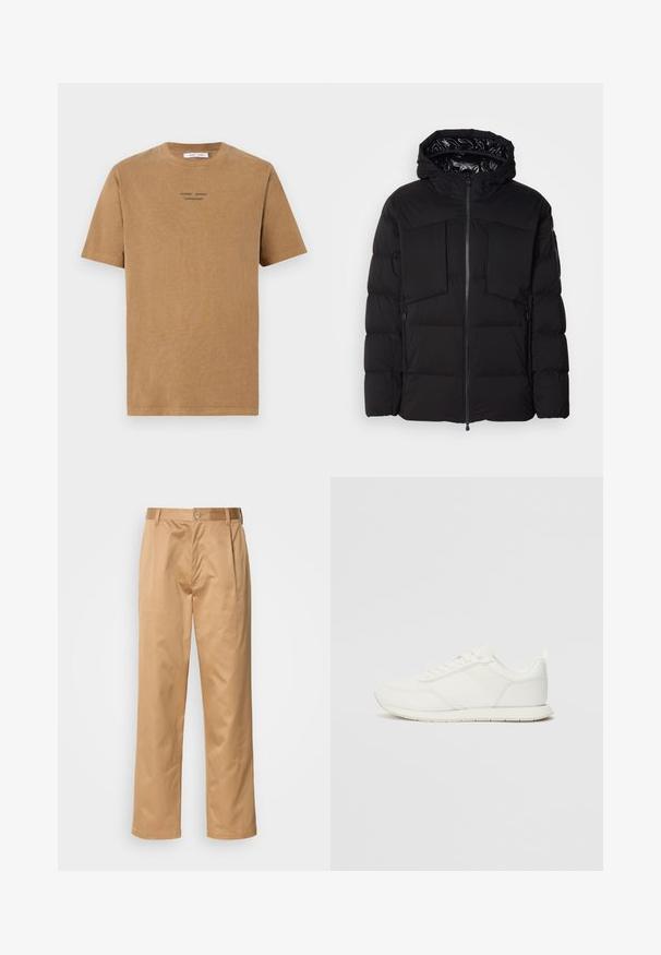 Črna puhovka iz gladkega najlona, z sprednjim zadrgo, velikima žepoma na prsih in kapuco. Opremljena je z oblogami za izolacijo in udobje.; Brašna bombažna majica s kratkimi rokavi in okroglo odprtino za vrat, v rjavi barvi, na sprednji strani pa črn napis "SAMSE SAMSE COPENHAGEN".; Kaki hlače, mešanica bombaža, oblik ravnih nogavic, sprednji pregibi, zanke za pas in gumbasto zapiranje. Gladka tekstura brez vzorcev.; Bela tenisa z mrežasto in sintetično zgornjo plastjo, okroglo oblikovano prstno območje, ravne vezalke in teksturirana stranska črta. Gumijast podplat z zanko na hrbtni strani.