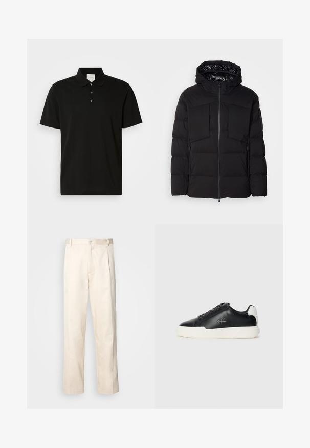 Juodas pūkinis švarkas, pagamintas iš glotnaus nailono, su priekiniais užtrauktukais, didelėmis krūtinės kišenėmis ir gobtuvu. Išpūstas, skirtas šilumai ir patogumui.; Juodas trumpas rankovės polo marškinėliai iš lygaus audinio, turintys klasikinį apykaklę, tris mygtukus ir subtilų vertikalų raštą.; Bežinės medvilninės kelnės su tiesiu kirpimu, turinčios mygtuko uždarymą ir priekyje raukšles papildomai dekoratyviam akcentui.; Juodos odinės sportinės bateliai su balta guma. Turi apvalų nosį, raištelių dizainą ir logotipo detalę šone. Užpakalinė akcento dalis balta.