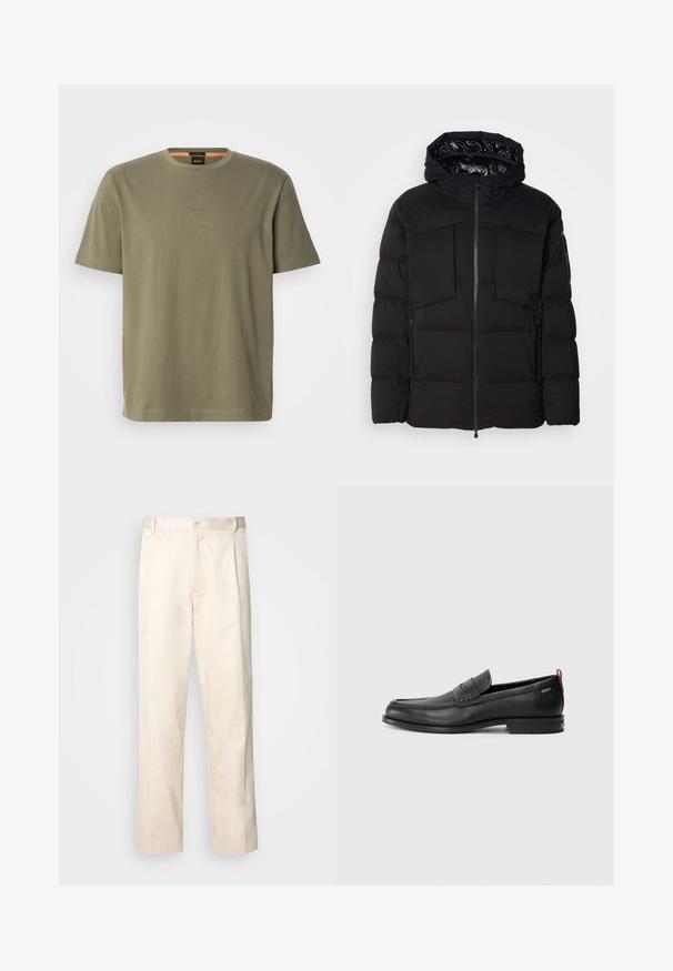 Casaco puffer preto feito de nylon liso, com fecho frontal, grandes bolsos no peito e capuz. Almofadado para isolamento e conforto.; T-shirt de algodão verde-oliva com decote redondo e mangas curtas, apresentando um logótipo embossado subtil no peito e um ajuste descontraído.; Calças de algodão bege com corte reto, apresentando um fecho de botão e pregas na frente para um detalhe adicional.; Mocassins de couro pretos com um painel frontal texturizado e laterais lisas. Apresentam um salto fino e uma alça na parte de trás para fácil colocação. Design clássico.