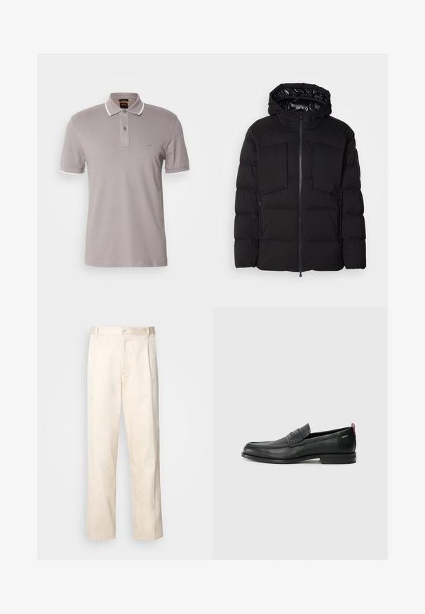 Doudoune noire en nylon lisse, dotée d'une fermeture éclair sur le devant, de grandes poches poitrine et d'une capuche. Rembourrée pour une isolation et un confort optimal.; Polo gris en coton doux, doté d'un plastron à deux boutons, d'accents de col blancs et d'un petit logo sur la poitrine.; Pantalon en coton beige avec une coupe droite, présentant une fermeture à bouton et des plis sur le devant pour plus de détails.; Mocassins en cuir noir avec un panneau avant texturé et des côtés lisses. Équipés d'un talon fin et d'une boucle à l'arrière pour un enfilage facile. Design classique.