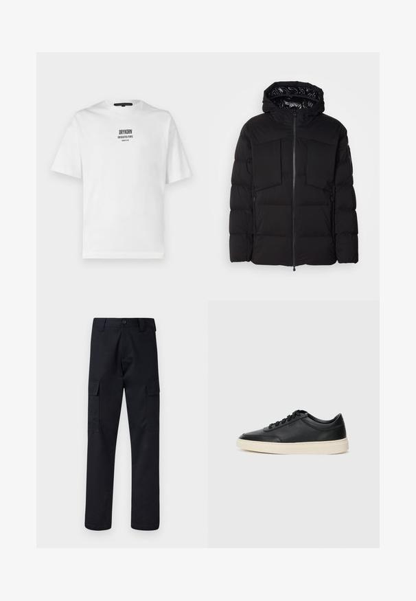 Czarna puchowa kurtka wykonana z gładkiego nylonu, z zapięciem na zamek błyskawiczny z przodu, dużymi kieszeniami na piersi i kapturem. Wypełniona dla lepszej izolacji i komfortu.; Biała bawełniana koszulka z krótkim rękawem, okrągłym dekoltem oraz czarnym nadrukiem "DRYKORN DLA PIĘKNYCH LUDZI" z przodu.; Czarne spodnie cargo wykonane z mocnego materiału, z prostym krojem nogawki, dwiema bocznymi kieszeniami i zapięciem na guzik w pasie.; Czarne niskie skórzane sneakersy z czarnymi sznurówkami i off-white podeszwą, prezentowane w profilu bocznym na białym tle.