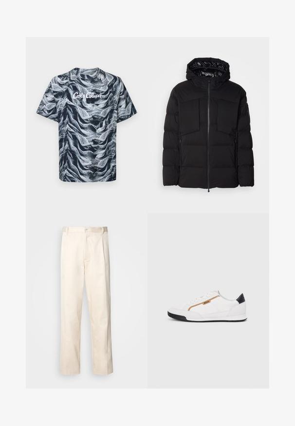 Must schwarz puffer jakk, mis on valmistatud siledast nailonist, ees on lukuga, suured rinna taskud ja kapuuts. Polsterdatud soojustamiseks ja mugavuseks.; Lühikese varrukaga, ümarkaelusega t-särk, millel on must-valge tekstuuritud abstraktne muster ja millel on valge kiri "Cabo Colucci".; Beesidised puuvillased püksid sirge jala lõikega, mis on varustatud nööpkinnituse ja ees olevate voltidega, et lisada detaili.; Valged sportlikud jalatsid, millel on võrkkangas ja nahkdetailid. Omab kuldset "BOSS" logo, tekstureeritud külgpaneele ja musta kontsakaant. Kummist tallad.