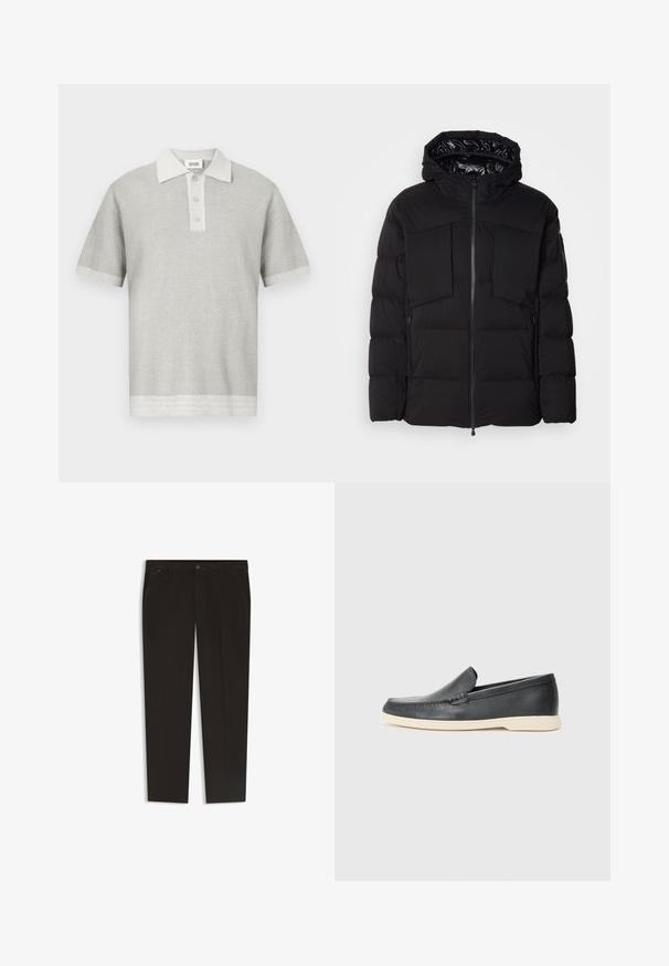 Musta puhallettu takki, joka on valmistettu sileästä nailonista. Siinä on edessä vetoketju, suuret rintataskut ja huppu. Vuorattu eristystä ja mukavuutta varten.; Vaaleanharmaa lyhythihainen neulottu polopaita, jossa on kolme nappia ja tekstuurillinen kuvio, kaulus sekä hieman tummemmat helmankärjet.; Mustat housut suoran lahkeen designilla, valmistettu sileästä kankaasta. Varustettu napilla suljettavalla vyötäröllä ja etutaskuilla. Ei näkyviä kuvioita tai yksityiskohtia.; Mustat nahkakengät ilman nauhoja, joissa on teksturoitu pinta ja kontrastoiva beige kumipohja. Kengissä on hillitty yksityiskohta etuosassa.
