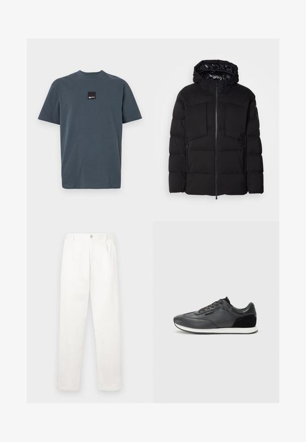 Black puffer jacket made of smooth nylon, featuring a front zipper, large chest pockets, and a hood. Padded for insulation and comfort.; Dark grey, short-sleeve t-shirt made of cotton with a crew neck. Features a small black square label on the chest. Soft texture.; White trousers made from smooth fabric, featuring a straight leg design, front pleats, and a single button closure at the waist.; Black athletic sneakers featuring a leather upper with perforated detailing, suede accents, and a white rubber sole. Classic lace-up design.