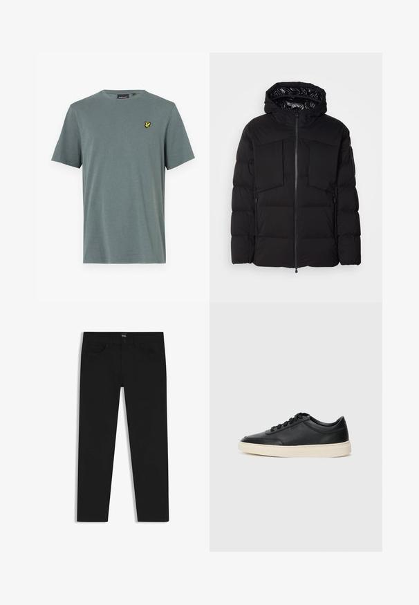 Musta puhallettu takki, joka on valmistettu sileästä nailonista. Siinä on edessä vetoketju, suuret rintataskut ja huppu. Vuorattu eristystä ja mukavuutta varten.; Harmaa lyhythihainen t-paita pehmeästä kankaasta, jossa on keltainen brodattu logo vasemmassa rinnassa. Pyöreä kaula-aukko ja normaali istuvuus.; Musta farkkutakki suoran leikkauksen kanssa, varustettuna tavallisella vyötäröllä, viidellä taskulla ja nappisulkimella. Yhtenäinen sileä pinta.; Musta matalavartinen nahkastretchu, jossa on mustat nauhat ja vaaleanharmaa pohja, esitetty sivuprofiilissa valkoista taustaa vasten.