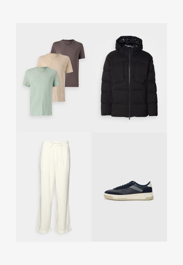 Zwarte donsjack gemaakt van glad nylon, met een ritssluiting aan de voorkant, grote borstzakken en een capuchon. Gevoerd voor isolatie en comfort.; Drie v-hals t-shirts in gedempte kleuren: groen, beige en bruin. Korte mouwen, zachte stof en een klein logo op de borst van elk shirt.; Linnen broek in gebroken wit met een trekkoord in de taille, iets wijde pijpen en opgerolde manchetten voor een relaxte pasvorm. Geen zakken.; BOSS BALTIMORE - Sneakers laag - open blue