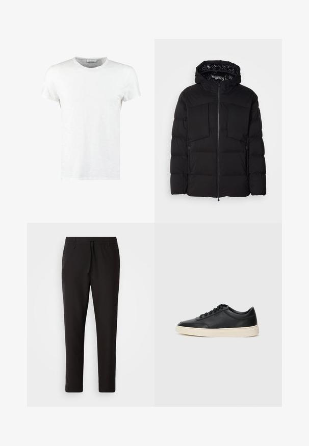 Schwarze Steppjacke aus glattem Nylon, mit einem Frontreißverschluss, großen Brusttaschen und einer Kapuze. Gepolstert für Wärme und Komfort.; Weißes Baumwoll-T-Shirt mit Rundhalsausschnitt und kurzen Ärmeln, das eine feine Textur und ein minimalistisches Design aufweist. Keine Muster oder Akzente.; Schwarze Jogginghose aus glattem Stoff. Mit einem elastischen Bund und Kordelzug, schmal zulaufenden Beinen und ohne sichtbare Taschen. Einfaches Design.; Schwarzer niedriger Ledersneaker mit schwarzen Schnürsenkeln und cremefarbenem Sohlenrand, seitlich auf weißem Hintergrund dargestellt.