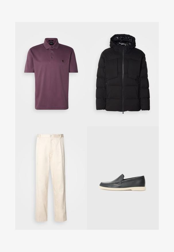 Casaco puffer preto feito de nylon liso, com fecho frontal, grandes bolsos no peito e capuz. Almofadado para isolamento e conforto.; Camisa polo roxa com colarinho dobrado, três Botões pretos e um detalhe de logótipo circular no lado esquerdo do peito. Mangas curtas e tecido suave.; Calças de algodão bege com corte reto, apresentando um fecho de botão e pregas na frente para um detalhe adicional.; Mocassins pretos em couro com acabamento texturizado e sola de borracha bege em contraste. Apresenta um detalhe subtil na parte da frente.