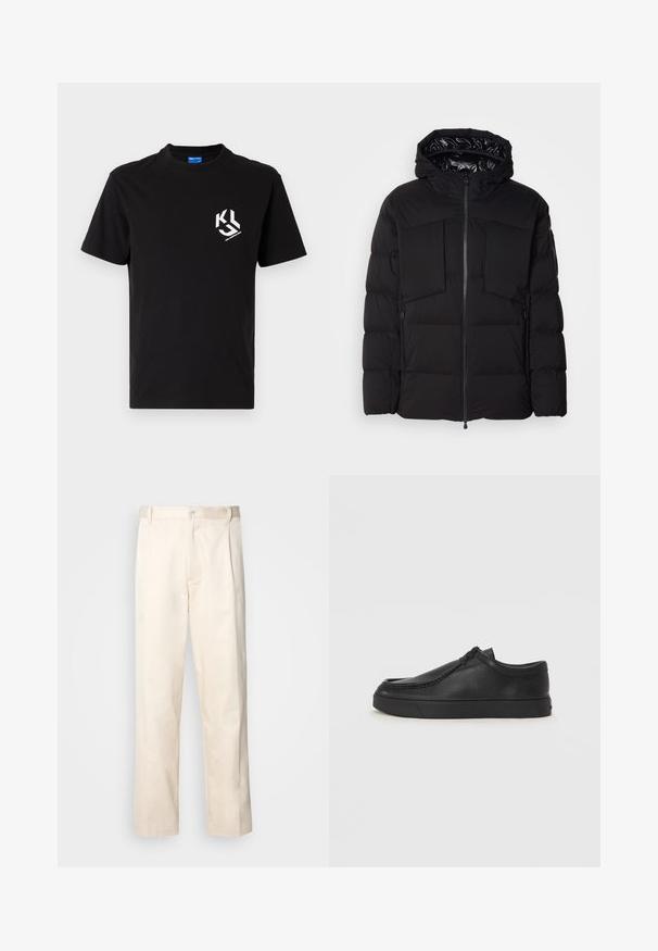 Must schwarz puffer jakk, mis on valmistatud siledast nailonist, ees on lukuga, suured rinna taskud ja kapuuts. Polsterdatud soojustamiseks ja mugavuseks.; Must musta t-särk, millel on valge graafika vasakul rinnal. Ümmargune kaelus, lühikesed varrukad ja klassikaline lõige.; Beesidised puuvillased püksid sirge jala lõikega, mis on varustatud nööpkinnituse ja ees olevate voltidega, et lisada detaili.; Must na ostri varvastega musta nahast libisemisega king, millel on tikand ja must kummitald. Sile tekstuur ja minimalistik disain.