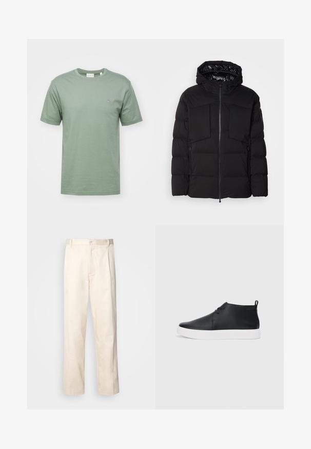 Geacă puffer neagră din nylon neted, cu fermoar frontal, buzunare mari pe piept și glugă. Căptușită pentru izolație și confort.; GANT SHIELD - Tricou basic - dry green; Pantaloni din bumbac bej, cu croială dreaptă, dotati cu închidere cu nasture și pliuri în față pentru un plus de detaliu.; Adidași negri din piele, cu vârf înalt, finisaj neted, talpă din cauciuc alb și un design simplu cu șireturi. Au un tab de prindere în partea din spate.