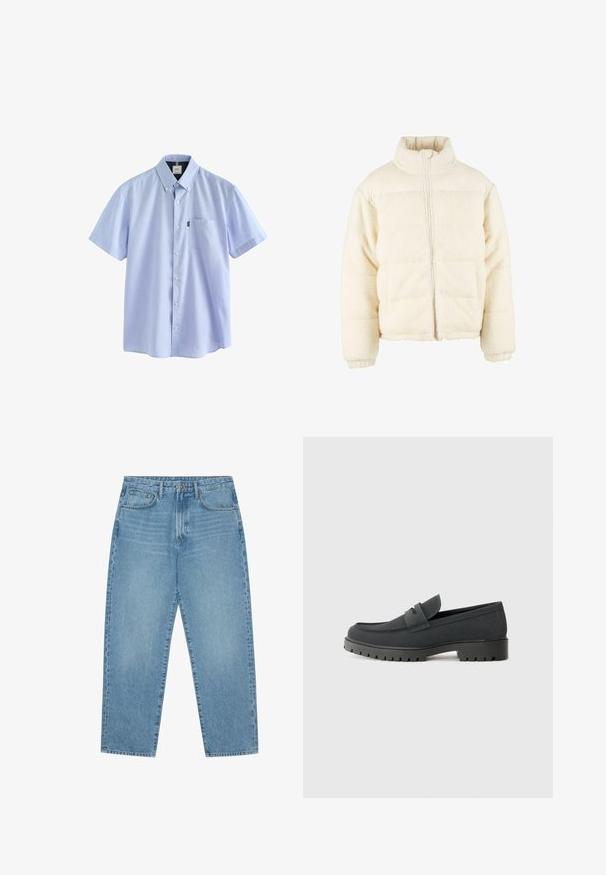 Kreemikas pufjakas, millel on kõrge krae, esineed ja tekstureeritud fliismaterjal koos siledast ülemisest osast.; Next BUTTON DOWN OXFORD SHORT SLEEVE - REGULAR FIT - Pluus - pale blue; Heledad tumesinised lai jalgadega teksad kõrge vöökohtaga, millel on viis taskut, vöökohad ja pehme, kergelt pleekinud tekstuur.; Mustad musta kinga sileda, mati viimistlusega, ümarate varvastega ja paksu, tekstuuriga tallaga. Esiosa rihmaga aktsent.
