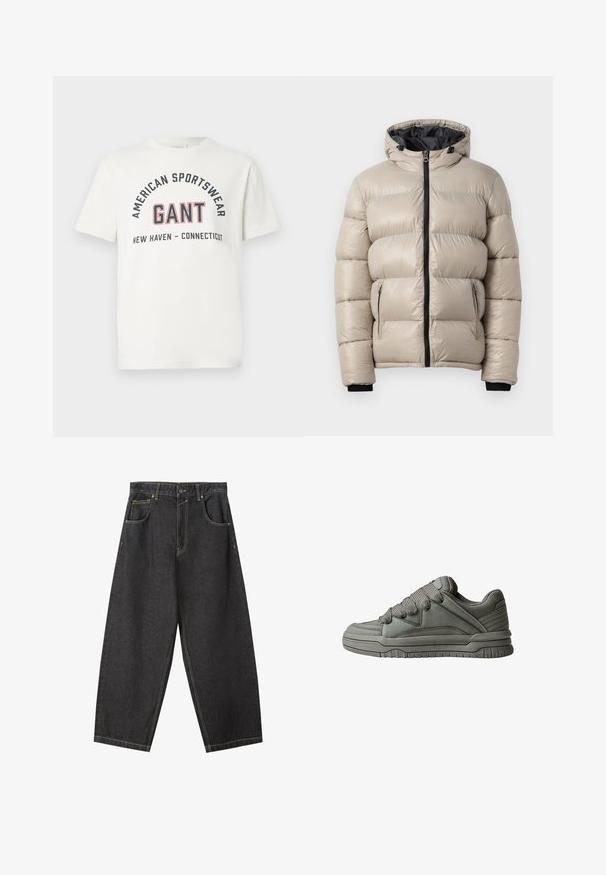 Puffermantel in Hellbeige, mit Kapuze, einem Reißverschluss vorne und zwei seitlichen Reißverschlusstaschen. Texturiertes, gesteppte Design mit elastischen Bündchen.; Weißes T-Shirt mit kurzen Ärmeln, auf dem in schwarzen und roten Buchstaben "AMERICAN SPORTSWEAR," "GANT," und "NEW HAVEN - CONNECTICUT" auf der Vorderseite gedruckt sind.; Schwarze Denim-Hosen im Weitbein-Design mit gelben Nähten, fünf Taschen und einem mittelhohen Bund. Texturiertes Material mit glatter Oberfläche.; Grau Sport-Schuh mit strukturiertem Leder- und Mesh-Obermaterial, dickem Gummisohle sowie auffälliger gepolsterter Zunge und Seiten. Schnürsenkel und seitliche Akzente inklusive.