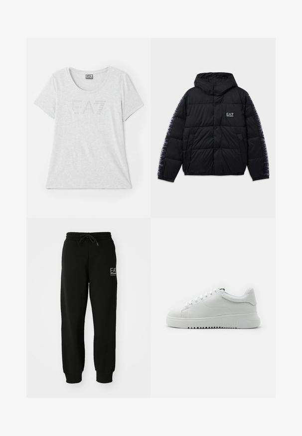 Chaqueta acolchada negra con capucha, diseño de acolchado, logo en el pecho y las mangas, cierre de botones a presión y puños elásticos. Textura suave y ligeramente brillante.; Camiseta de color gris claro, hecha de una tela suave, con cuello redondo y mangas cortas. En la parte frontal presenta un sutil logo de EA7 en strass.; Pantalones jogger negros confeccionados en una suave mezcla de algodón, con cintura elástica, cordón de ajuste y puños en los tobillos ajustados. Incluye detalle del logo en la parte delantera.; Zapatillas blancas con un upper de cuero texturizado, punta redonda y diseño de cordones. Suela de goma blanca gruesa con un patrón de agarre texturizado.
