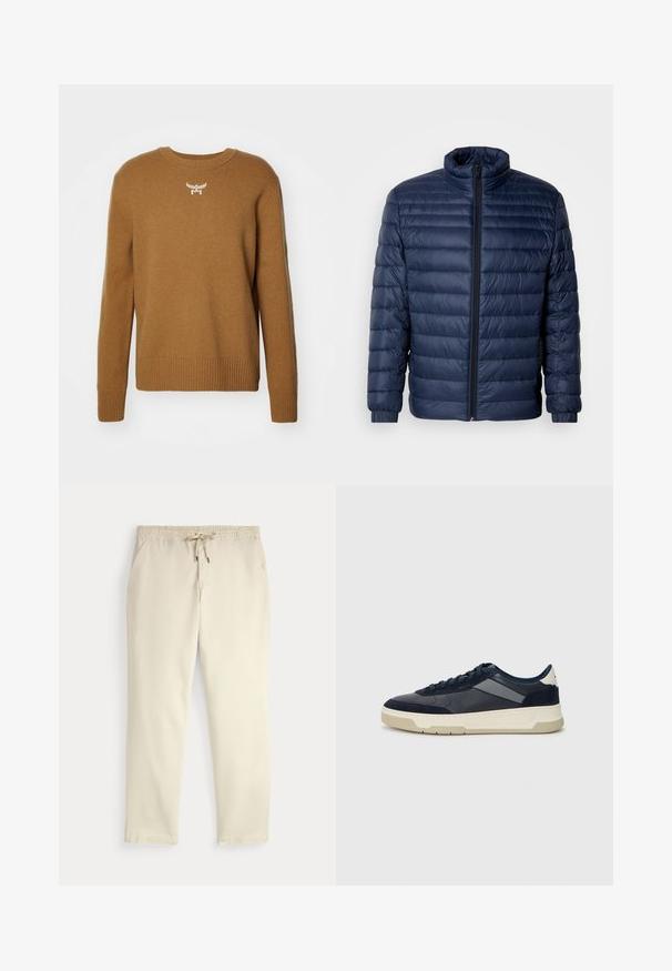 Casaco acolchoado em azul marinho com colarinho alto, fecho frontal completo e punhos elásticos, exibido sobre um fundo claro e simples.; Suéter castanho com decote redondo, punhos e bainha canelados, feito de um tecido suave, apresentando um pequeno emblema branco no peito.; Calças casuais off-white com cintura elástica e cordão, pernas retas e bolsos laterais, contra um fundo liso.; BOSS BALTIMORE - Sapatilhas - open blue
