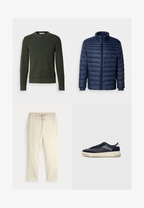 Tamsiai mėlynas natūralios odos pūkuotas švarkas su stovišku apykakle, pilnu priekiniu užtrauktuku ir elastingomis rankovėmis, eksponuojamas šviesiame vientisame fone.; Tamsiai žalias megztinis su ribotu raštu, apvalia iškirpte ir ilgomis rankovėmis. Turi tvarkingai apdailintą apačią ir rankogalius.; Oficialiai balti kasdieniniai kelnės su elastiniu juosmeniu ir raišteliu, tiesiomis kojomis ir šoninėmis kišenėmis prieš paprastą foną.; BOSS BALTIMORE - Sportbačiai - open blue