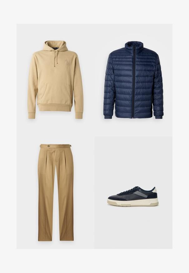 Navy blue quilted puffer jacket with stand collar, full front zipper, and elastic cuffs, displayed on plain light background.; Beige hoodie featuring a kangaroo pocket, drawstring hood, and embroidered logo detail. Smooth texture with ribbed cuffs and hem.; Beige trousers with a straight fit, featuring pleats, a button closure, and belt loops. Smooth fabric with a clean, tailored look.; BOSS BALTIMORE - Trainers - open blue