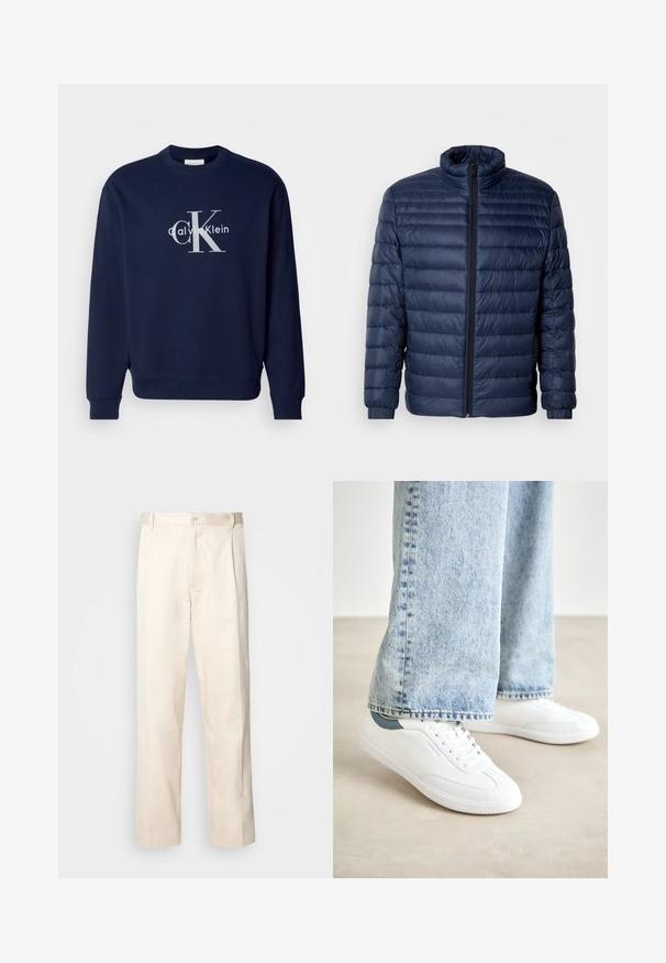 Casaco acolchoado em azul marinho com colarinho alto, fecho frontal completo e punhos elásticos, exibido sobre um fundo claro e simples.; Sweatshirt de algodão azul-marinho com gola redonda, mangas compridas e punhos canelados; apresenta um grande logótipo prateado com "Calvin Klein" e "CK."; Calças de algodão bege com corte reto, apresentando um fecho de botão e pregas na frente para um detalhe adicional.; Ténis brancos com material suave, design de atacadores, sola de borracha texturizada e um detalhe em teal no calcanhar, combinados com jeans azul claro.