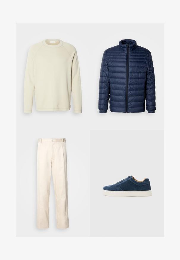 Námořnická modrá prošívaná péřová bunda se stojáčkem, plným předním zipem a elastickými manžetami, vystavená na jednoduchém světlém pozadí.; Světle béžová mikina s dlouhým rukávem, ribbovým vzorem, kulatým výstřihem a raglánovými rukávy. Jemný ševový detail podél švů.; Bežové bavlněné kalhoty se střihy rovného nohavice, s knoflíkovým zapínáním a záhyby vpředu pro zvýraznění detailu.; Modré semišové tenisky s bílou gumovou podrážkou, šněrovací design, zaoblená špička a kontrastní hnědý vnitřek. Jemné detaily šití.