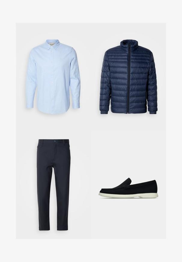 Marineblå, kviltet pufferjakke med ståkrave, fuld frontlynlås og elastiske manchetter, vist på ensfarvet lys baggrund.; Lys blå langærmet skjorte med knap, knap-ned krave, hvide knapper og subtilt broderet logo på venstre bryst.; Marineblå skræddersyede bukser lavet af glat stof, med en lynlås lomme, lige ben og en knaplukning i taljen.; Sort slip-on sko med afrundet tå, der har en tekstureret overdel, glat hvid sål og en subtil branddetalje på siden.