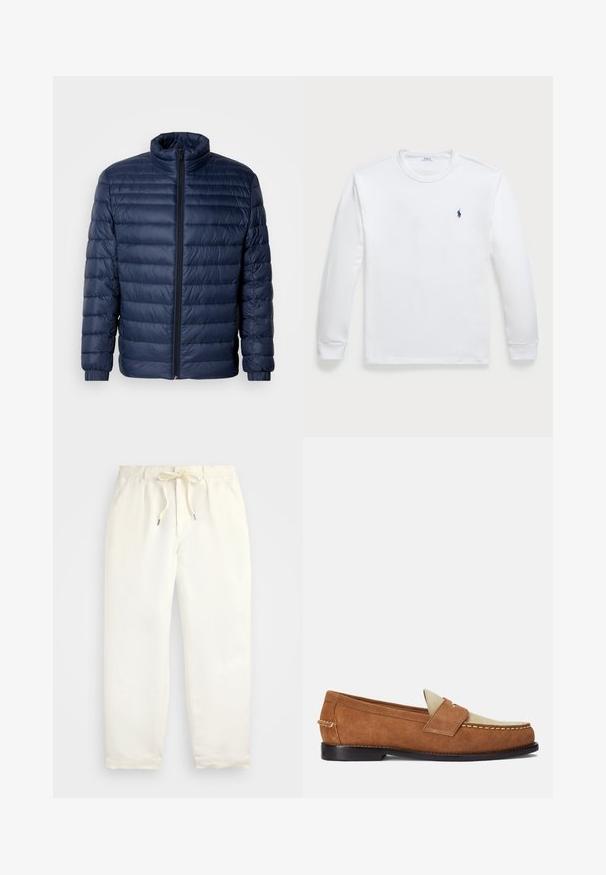 Jachetă puffer matlasată de culoare bleumarin, cu guler înălțat, fermoar pe toată fața și manșete elastice, expusă pe un fundal deschis.; Tricou alb cu mâneci lungi, confecționat din bumbac, având un guler rotund și un mic logo bleumarin pe partea stângă a pieptului. Textură netedă, design simplu.; Pantaloni casual de culoare crem deschis, confecționați dintr-un material moale. Au o talie elastică cu șnur și un design cu picioare înguste.; Polo Ralph Lauren ALSTON SUEDE PENNY LOAFER - Pantofi slip-on - teak/bone