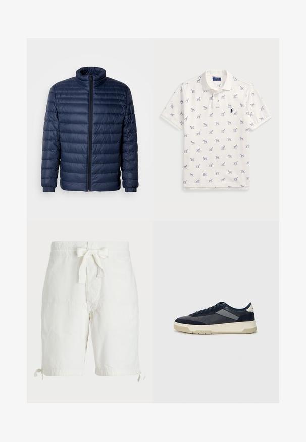 Navy blue quilted puffer jacket with stand collar, full front zipper, and elastic cuffs, displayed on plain light background.; White polo shirt made of cotton, featuring a repeated blue dog pattern and a small blue logo on the chest. Short sleeves and collar.; White cotton shorts with a drawstring tie at the waist, rolled hem with ties, and flat front pockets. Smooth, lightweight fabric texture.; BOSS BALTIMORE - Trainers - open blue