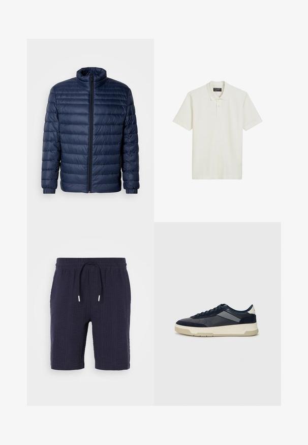 Giacca imbottita trapuntata blu navy con colletto alto, zip frontale completa e polsini elastici, esposta su uno sfondo chiaro e semplice.; Polo bianco realizzato in tessuto testurizzato, con colletto classico, pattina con tre bottoni e maniche corte.; Pantaloni corti blu navy con un motivo testurizzato, vita elastica e chiusura con cordoncino. Presentano una vestibilità comoda e lunghezza sopra il ginocchio.; BOSS BALTIMORE - Sneakers basse - open blue