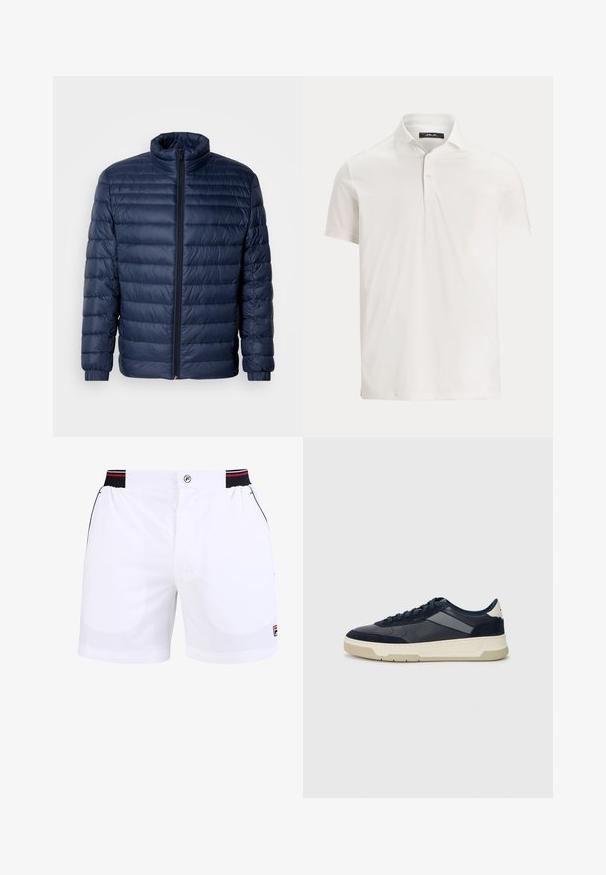 Chaqueta acolchada en azul marino con cuello alzado, cierre frontal completo y puños elásticos, exhibida sobre un fondo claro y sencillo.; Polo blanco de manga corta para hombre, con cuello, dos botones y una etiqueta con logo sutil en el interior del cuello.; Bermudas deportivas blancas con una cinturilla elástica negra y roja, bolsillos frontales y un logo de Fila en la parte inferior derecha. Textura de tela suave.; BOSS BALTIMORE - Zapatillas - open blue