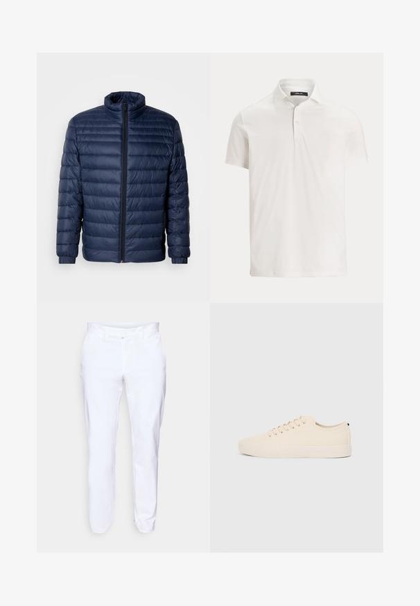 Navy blue quilted puffer jacket with stand collar, full front zipper, and elastic cuffs, displayed on plain light background.; Men's white short-sleeve polo shirt with a collar, two buttons, and a subtle logo label on the inside collar.; White trousers made of smooth fabric, featuring a straight-leg design, front button closure, and two slanted side pockets.; Beige canvas sneakers with round toe, flat rubber sole, and lace-up front. Features minimal design and a contrasting black accent at the heel.