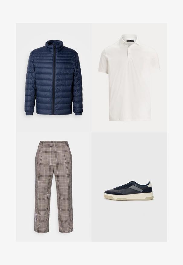 Tamsiai mėlynas natūralios odos pūkuotas švarkas su stovišku apykakle, pilnu priekiniu užtrauktuku ir elastingomis rankovėmis, eksponuojamas šviesiame vientisame fone.; Vyriški balti trumpomis rankovėmis polo marškinėliai su apykakle, dviem mygtukais ir subtilia logotipo etikete ant vidinės apykaklės.; Pilkos languotos kelnės laisvo silueto, su languotu raštu, kuriame vyrauja šviesiai smėlio spalvos ir juodos linijos, bei šoninėmis kišenėmis. Pagražintos baltomis raidėmis.; BOSS BALTIMORE - Sportbačiai - open blue