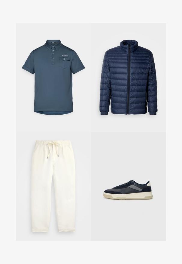 Námořnická modrá prošívaná péřová bunda se stojáčkem, plným předním zipem a elastickými manžetami, vystavená na jednoduchém světlém pozadí.; Námořnická modrá polo tričko s límečkem a rozepínáním na tři knoflíky. Obsahuje kapsu na levé straně hrudi a decentní výšivku loga. Krátké rukávy.; Světle krémové, volné kalhoty vyrobené z měkké látky. Mají elastický pás s tkaničkou a zúžený střih nohavic.; BOSS BALTIMORE - Tenisky - open blue