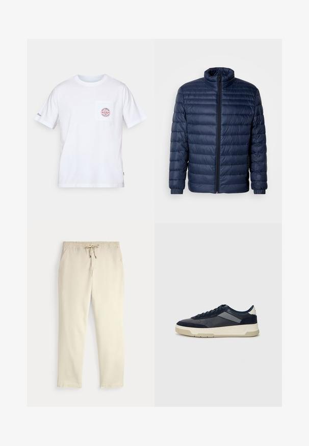 Casaco acolchoado em azul marinho com colarinho alto, fecho frontal completo e punhos elásticos, exibido sobre um fundo claro e simples.; T-shirt de algodão branco com decote redondo, mangas curtas e um bolso frontal com um design de logotipo em vermelho e azul. Ajuste padrão.; Calças casuais off-white com cintura elástica e cordão, pernas retas e bolsos laterais, contra um fundo liso.; BOSS BALTIMORE - Sapatilhas - open blue