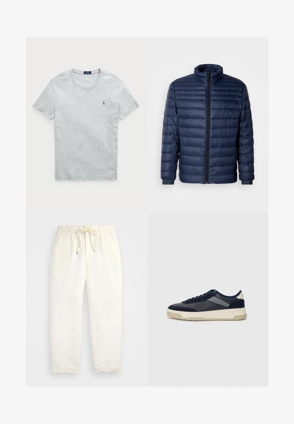 Sötétkék steppelt pufikabát álló gallérral, teljes előlapi cipzárral és rugalmas mandzsettákkal, sima világos háttéren bemutatva.; Szürke pamut póló, kerek nyakkivágással és rövid ujjakkal. Bal mellen egy kis, hímzett logó található. Sima textúra.; Világos krém színű, puha anyagból készült könnyed nadrág. Rugalmas derékpánttal és húzózsinórral rendelkezik, valamint keskenyített lábdesign jellemzi.; BOSS BALTIMORE - Sportcipő - open blue