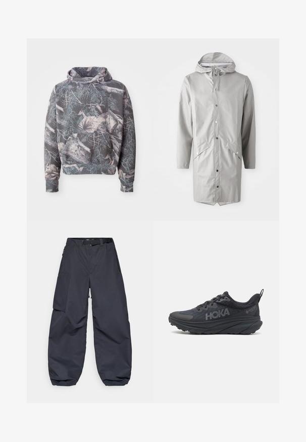 Gaišpelēka ūdensnecaurlaidīga lietusmētere ar kapuci, snap pogu aizdari, divām priekšējām kabatām un taisnu apakšmali. Gluda, spirdzinoša tekstūra.; Pelēks kapuci sporta džemperis ar kamuflāžas rakstu, kas ietver zarus un lapas blāvās krāsās. Tam ir priekšējā kabata un aukliņa kapucē.; Tumši pelēki cargo bikses, kas izgatavotas no mīkstas, izturīgas auduma. Tām ir plata, brīva piegriezuma forma, vairākas kabatas un josta gurniem, lai pielāgotu apģērbu.; Melns Hoka skriešanas apavi ar tīkla augšdaļu, strukturētām detaļām un biezu, amortizētu zoli ar sašaurinātiem maliem, lai nodrošinātu labāku atbalstu.