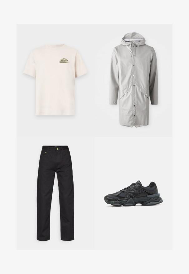 Ljusgrå vattentät regnjacka med huva, tryckknappstängning, två framfickor och rak fåll. Slät, glänsande yta.; Krämfärgad bomulls-t-shirt med korta ärmar. Har en grön logotext "The Doors ELEMENT X TIMBER!" på vänster bröst.; Svarta denimbyxor med rak passform, prydda med gröna accentknappar och en standard femficksdesign. Slät texture, klassisk stil.; Svart löparsko med en kombination av mesh och syntetiska material, kraftig sula, rundad design och framträdande varumärkning på sidan.