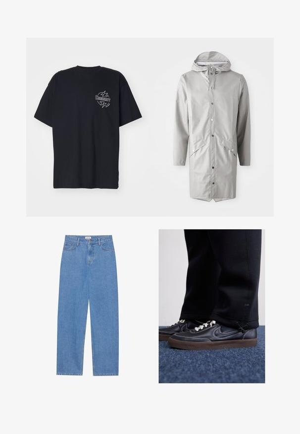 Chubasquero impermeable de color gris claro con capucha, cierre de botones a presión, dos bolsillos delanteros y dobladillo recto. Textura suave y brillante.; Camiseta de algodón negra de manga corta. Presenta un logo blanco circular con rayos en el lado izquierdo del pecho y un cuello redondo.; Jeans de mezclilla azul claro con corte recto, diseño de cinco bolsillos, cierre de un solo botón y detalles de costura sutiles en las costuras.; Nike Sportswear KILLSHOT 2 LTR PRM OPP2 - Zapatillas - black sail baroque brown mtlc dk grey