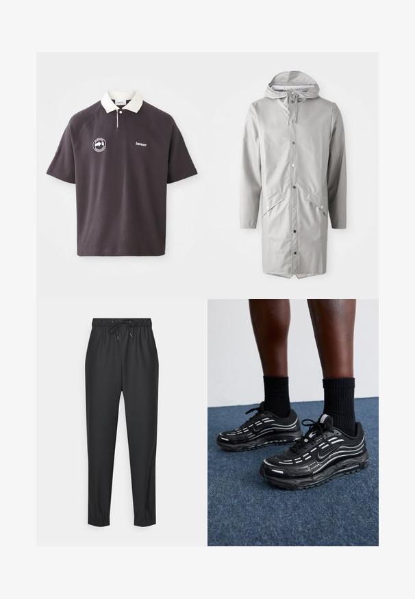 Gaišpelēka ūdensnecaurlaidīga lietusmētere ar kapuci, snap pogu aizdari, divām priekšējām kabatām un taisnu apakšmali. Gluda, spirdzinoša tekstūra.; Tumši pelēks polo krekls ar baltu apkakli, izšūta logo uz krūtīm un īsām raglana piedurknēm. Izgatavots no mīkstas materiāla.; Melni sporta bikses, kas izgatavotas no mīksta, elastīga materiāla. Tām ir elastīga josta ar auklu, tievējo kāju forma un aproces pie potītēm.; Melni Nike apavi ar sietveida augšdaļu, akcentējošām svītrām, teksturētām šņorēm un melnu gumijas zoli. Valkāti ar melniem ribota auduma zeķēm.